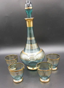 Vintage Bohemian Aqua Blue Cordial Decanter & 4 Glasses, Gold Ring design MCM - Picture 1 of 9