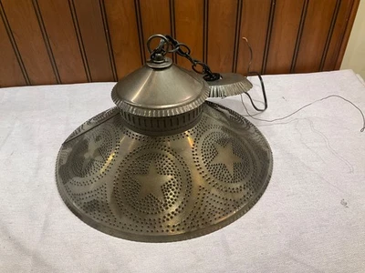 Irvin's Country Tinware Shopkeeper Shade Ceiling Light Kettle Black Punched Tin - Image 1 of 4