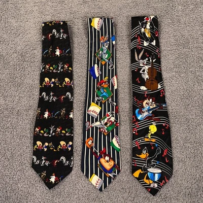 Винтажные мужские шелковые галстуки Looney Tunes лот из 3 бейсбольных новинок 90-х Taz Tweety Bugs - Изображение 1 из 4