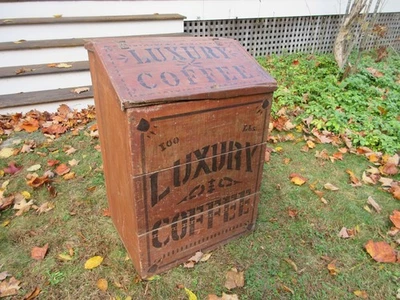 Antigua caja de papelera de madera primitiva de principios de 1900 de lujo para café tienda general Foto 1 de 4