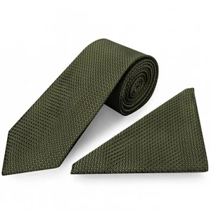 Conjunto de corbata clásica con textura verde oliva y cuadrado de bolsillo para hombre corbatas formales de boda - Imagen 1 de 4