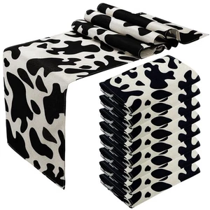 8 Pcs Linen Cow Print Table Runner Farm Black and White Cowhide Tablecloth Co... - Picture 1 of 7