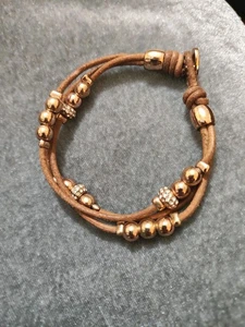 FOSSIL Sparkly Beaded Bracelet Leather Cord Rose Gold Plate Retro Stack Pretty - Picture 1 of 5