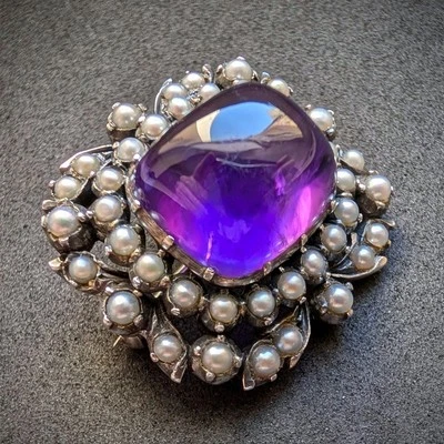 Victorian Anhänger Brosche Silber Amethyst Natur Perle alt antik c. 1860 - Bild 1 von 4