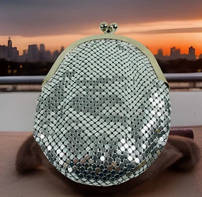 🔥 Vintage • Slinky Sparkly Silver Chain Clutch Purse Snap Closure • Round Women - Image 1 of 4