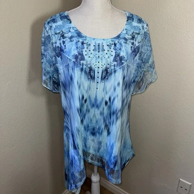 Top túnica geométrica One World para mujer tie-dye dobladillo asimétrico encaje boho Foto 1 de 4