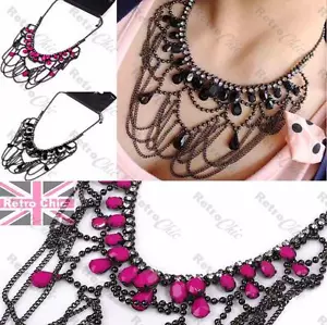 HOT PINK/SCHWARZ große KLEUCHTER HALSKETTE Quastenketten STRASS Facette KRAGEN - Bild 1 von 11