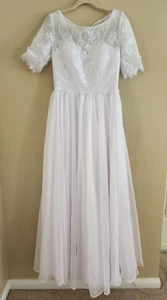 June Bridal Wedding Dress Womens Size 10 White Lace Half Sleeve Flowy A Line New - Picture 1 of 12