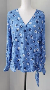NWT Talbots Floral Wrap Blouse Size X Large Blue Tie Waist Long Sleeve V Neck - Picture 1 of 11