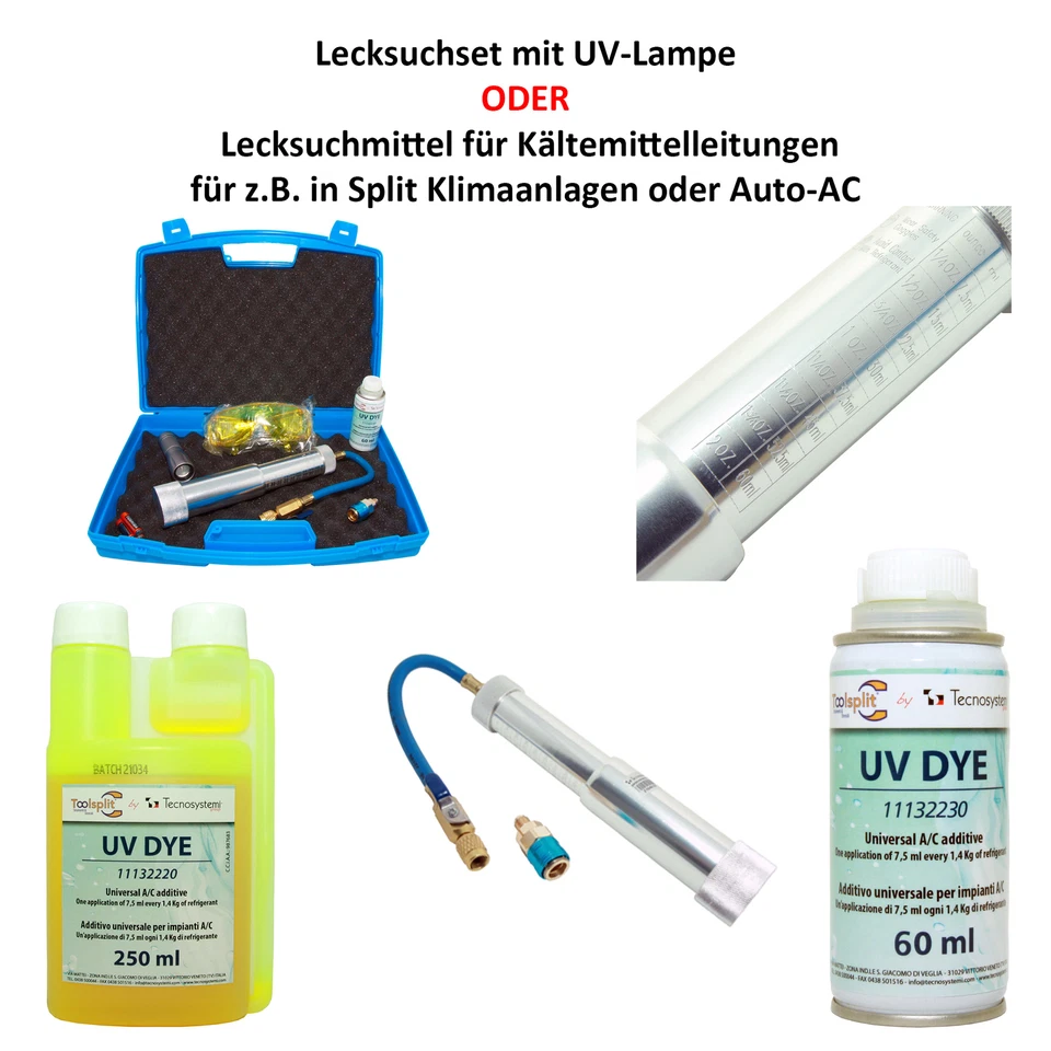 KLIMA-B2B Lecksuchset m. UV-Lampe oder Lecksuchmittel f. Kältemittelleitungen in Split AC