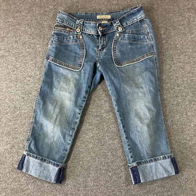 Y2K Americana Blues Cuffed Denim Capri Pants Juniors 11 Low Waist Flap Pockets - Image 1 of 4