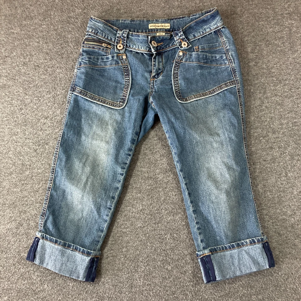 Y2K Americana Blues Cuffed Denim Capri Pants Juniors 11 Low Waist Flap Pockets - Image 1 of 4