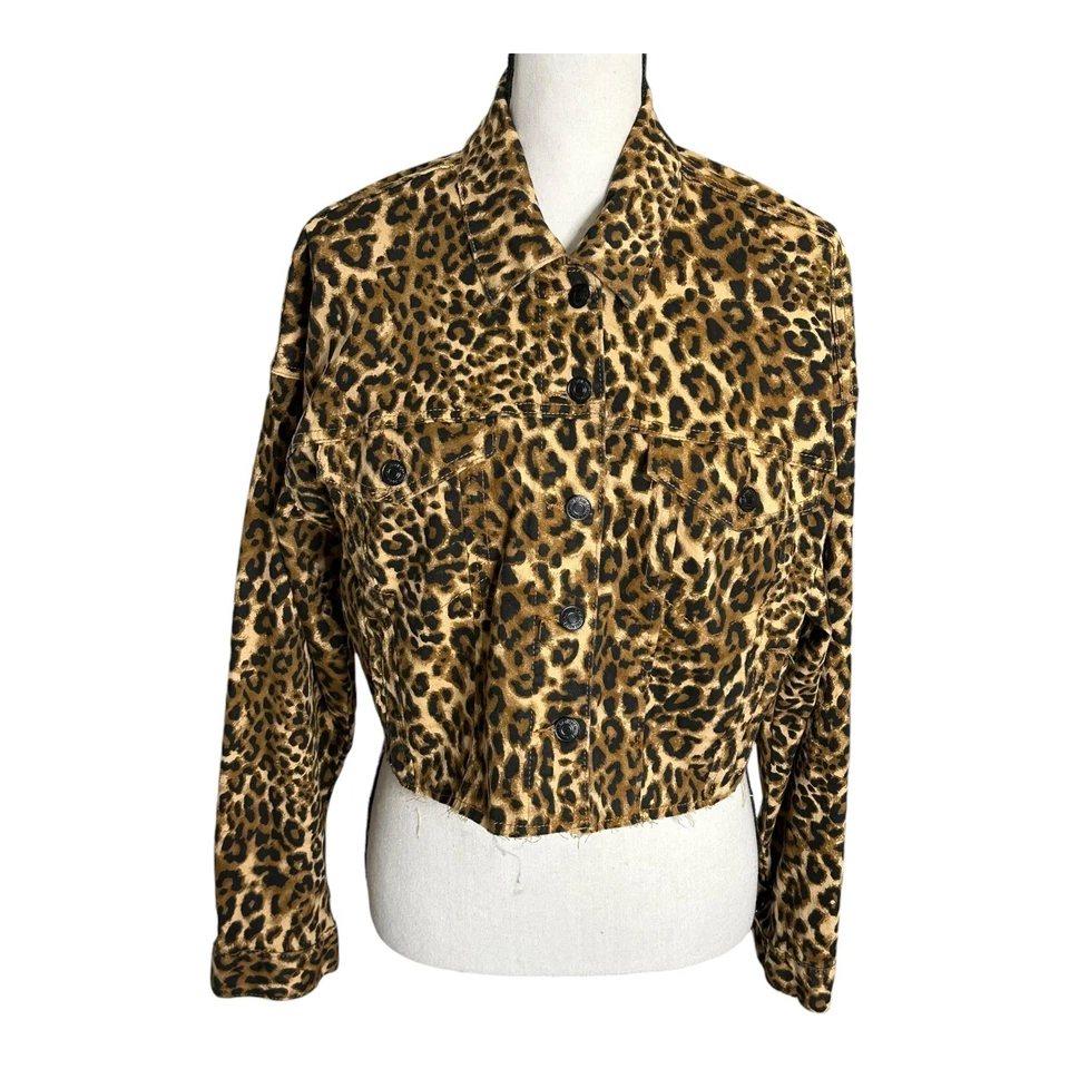 Forever 21 Leopard Print Cropped Raw Hem Distressed Jean Jacket Size Medium - Image 1 of 4