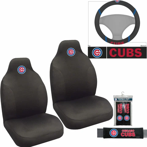 NEW 5PC MLB Chicago Cubs Car Seat Covers Steering Wheel Cover Seat Belt Pads Set Cover