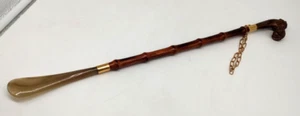 Vintage Shoe Horn Plastic Poodle Head Top Bamboo Brass Gold Tone Chain Lucite - Picture 1 of 14