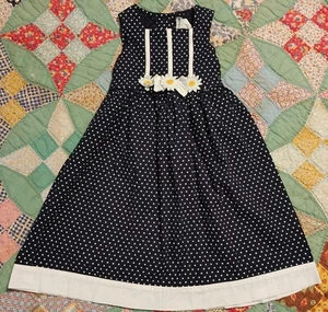 Vintage Rare Editions Daisy Polka Dot Dress girls sz 5 Spring Navy Blue White - Picture 1 of 5