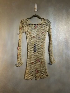 Women’s tan gold shimmer BUTTERFLY CROCHET SWIM COVER UP DRESS size medium - Picture 1 of 4