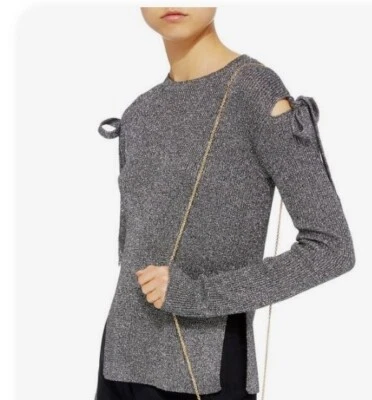 Suéter Rojo Valentino Plata Brillo Hombro Frío Anudado Manga Larga Talla XXS Foto 1 de 4