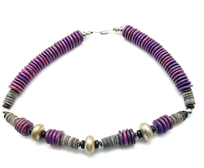 Collar Disco Púrpura Tono Plata Cuentas Étnico Nativo Tribal Suroeste Clásico Foto 1 de 4