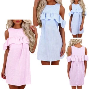 Women's Long Dress Fashion Casual Ruffle Off Shoulder Dress Striped Shirt Dress - Picture 1 of 16