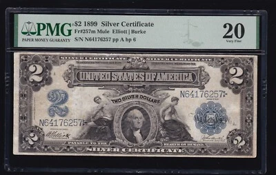 US 1899 $2 Silver Certificate Mule FR 257m PMG 20 (257) - Image 1 of 2