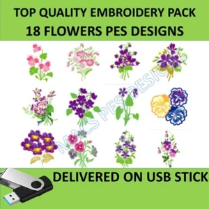 Pansies and Violets Flowers PES designs Machine Embroidery 18 files on USB stick - Picture 1 of 3