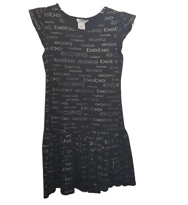 Bebe GIRLS Logo Dress Size 10 Flutter Sleeve Drop Waist Black Gold Knit Casual - Image 1 of 4