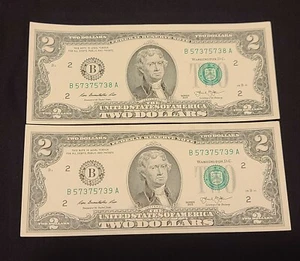 $2 Dollar Bill 2013 Crisp Uncirculated FANCY SERIAL 57375738/39 A26 - Picture 1 of 2