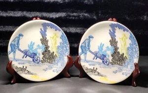 Vtg Gien DELICES DE JOUY 2 Bread Lunch Plate Appetizer France Garden Wheelbarrow - Picture 1 of 7