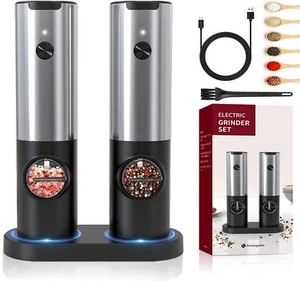 2PCS Electric Salt and Pepper Grinder Set Automatic Grinder w/ Rechargeable Base - Picture 1 of 10