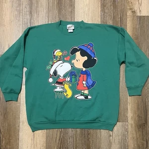 Vintage 90s Peanuts Snoopy Lucy Christmas Sweatshirt Size XL  Holiday Green USA - Picture 1 of 8
