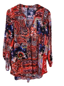 Womens 2X Colorful Blue Orange Yellow Print Long Sleeve Tunic Top Roll Tab Slv - Picture 1 of 6