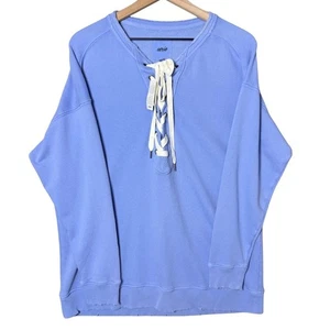 Aerie Lace Up Oversized Sweatshirt Blue Distressed Trim Women’s Size S NWT - Picture 1 of 16