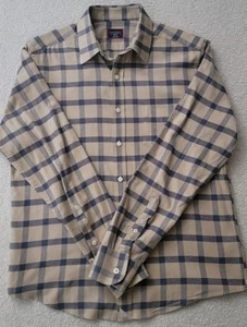 UNTUCKit Barnard Flannel Button Up Shirt Mens Medium Slim Fit Tan Blue Plaid - Picture 1 of 4