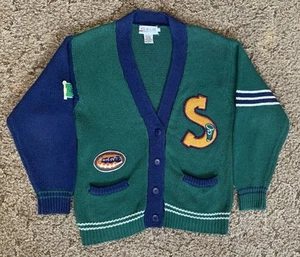Vintage Letterman’s Sweater Womens S Green Cardigan Sports Award Patches Pockets - Picture 1 of 7