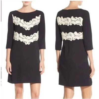 NEW Maggy London Black Crepe~Ivory Lace Applique Trim Sheath Dress Sz. 14 - Image 1 of 4