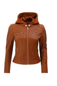 Women’s Brown Genuine Leather Jacket with Detachable Hood  Stylish Biker Fit - Picture 1 of 4