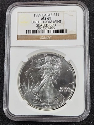🌟 1989 Silver American Eagle $1 Coin NGC MS69 DIRECT FROM MINT SEALED BOX - Image 1 of 2