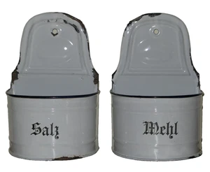 2 antiguos recipientes metálicos esmaltados harina y sal 24 x 16 x 11 cm vintage con óxido - Imagen 1 de 5