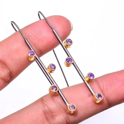 Pendiente amatista plata de ley 925 negro y oro enchapado en rodio 2,15" E33 Foto 1 de 4