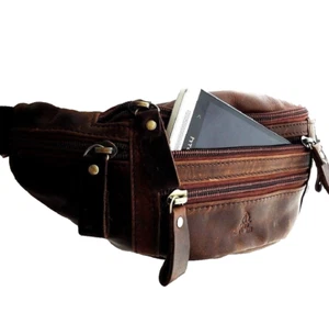 Bolso Cartera Cuero Genuino Completo Hombre Cremallera Cintura Bolsa Mochila Teléfono Celular Marrón  - Imagen 1 de 7