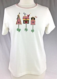 Cathy Daniels White Cotton 3 Birdhouses Top Women's Small Red Yellow Black Green - Picture 1 of 10