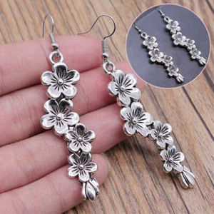Dangle Blossom Flower Japanese Tibetan Earrings Chinese Charm Silver - Bild 1 von 7