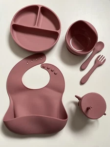 Baby Feeding Set Silicone Weaning Supplies with Plate Bowl Bib Spoon Fork Cup - Picture 1 of 2