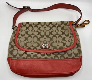 Coach Heritage Monogram Signature braun & hellbraun rot kleine Beuteltasche Tasche Handtasche - Bild 1 von 4