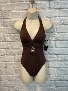 NWT La Blanca Women's Brown Beaded Tassel Halter One Piece Swimsuit Sz 6 - Picture 1 of 7