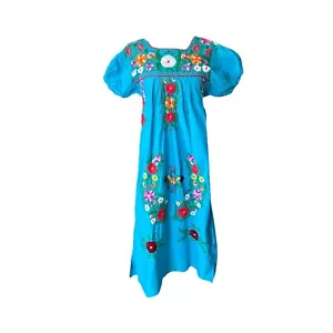 Vintage 1970s Teal Floral Mexican Embroidered Caftan Peasant Dress Huipil M/L - Picture 1 of 4