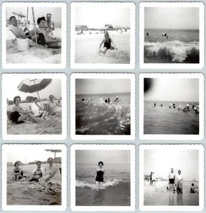 1950's SET/9 BEACH SNAPSHOTS FUN IN THE SUN MEN WOMEN SWIMSUITS SQUARE PHOTOS #1 - Picture 1 of 11