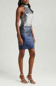 Jewel Badgley Mischka Blue Silver Ombre Sequin Halter Neck Minidress Sz 10 $198 - Picture 1 of 3