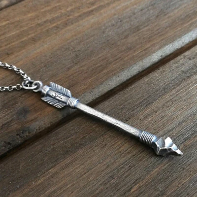 925 Sterling Silver Feather Long Arrow Flint Arrowhead Pendant Antiqued Unique - Image 1 of 4